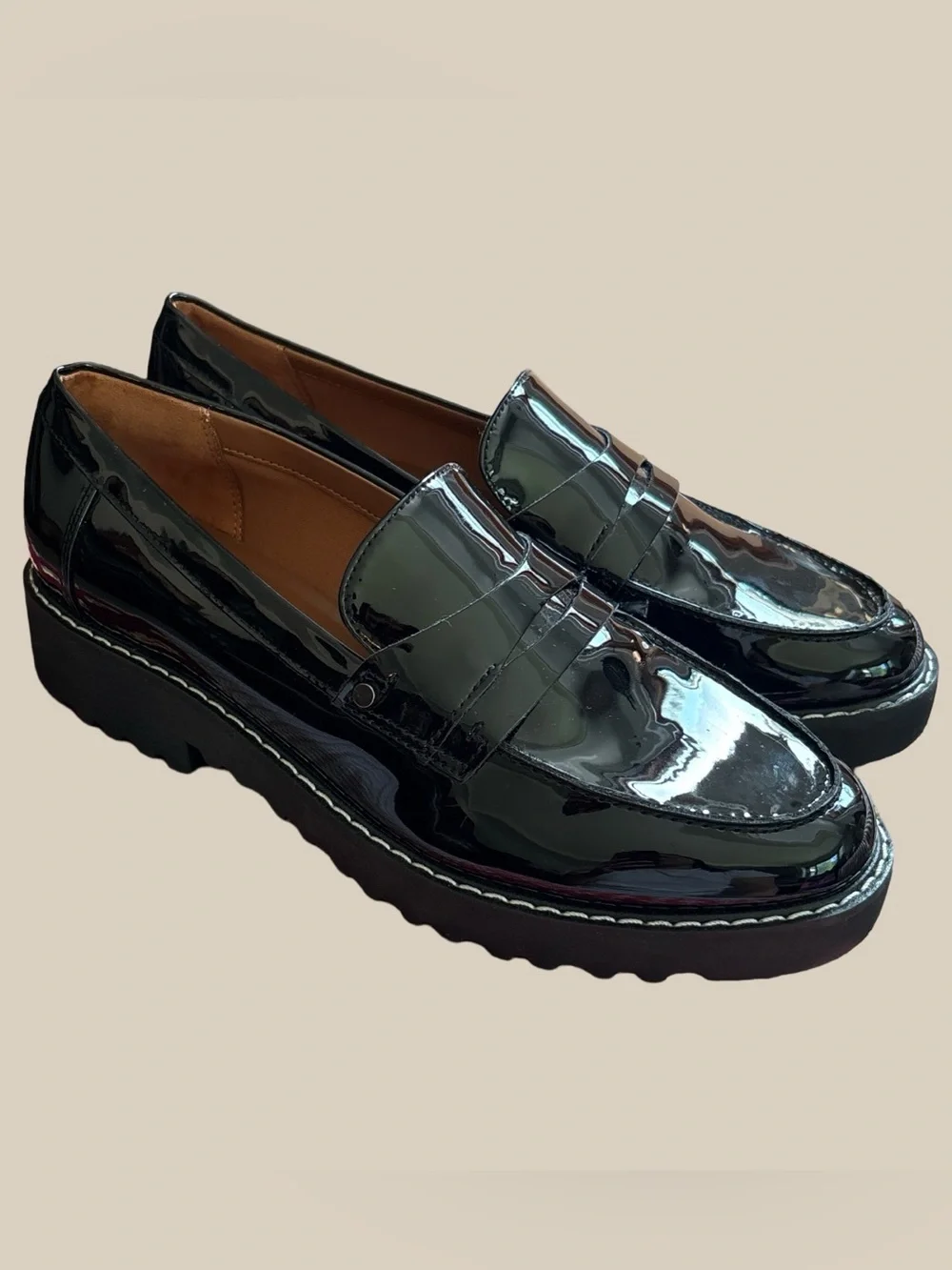 Franco Sarto Cassandra Black Patent Penny Loafers Chunky Platform NWOB SZ 6.5